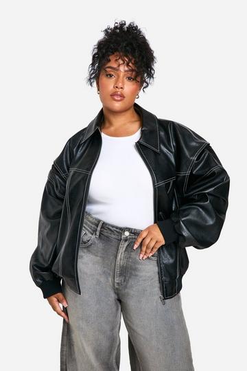 Plus Pu Contrast Stitch Oversized Bomber Jacket black