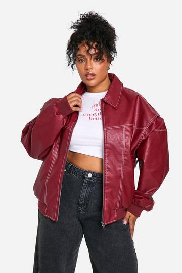 Red Plus Pu Contrast Stitch Oversized Bomber Jacket