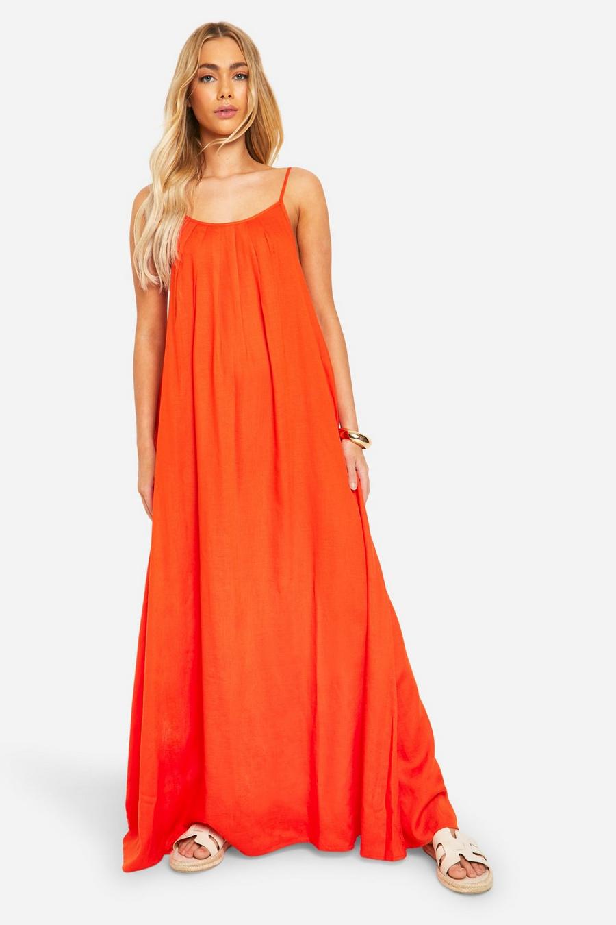 Orange Linen Look Pleated Maxi Dress image number 1