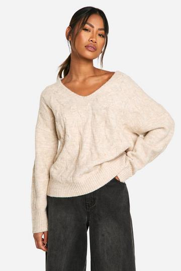 V Neck Soft Knit Cable Jumper ecru marl