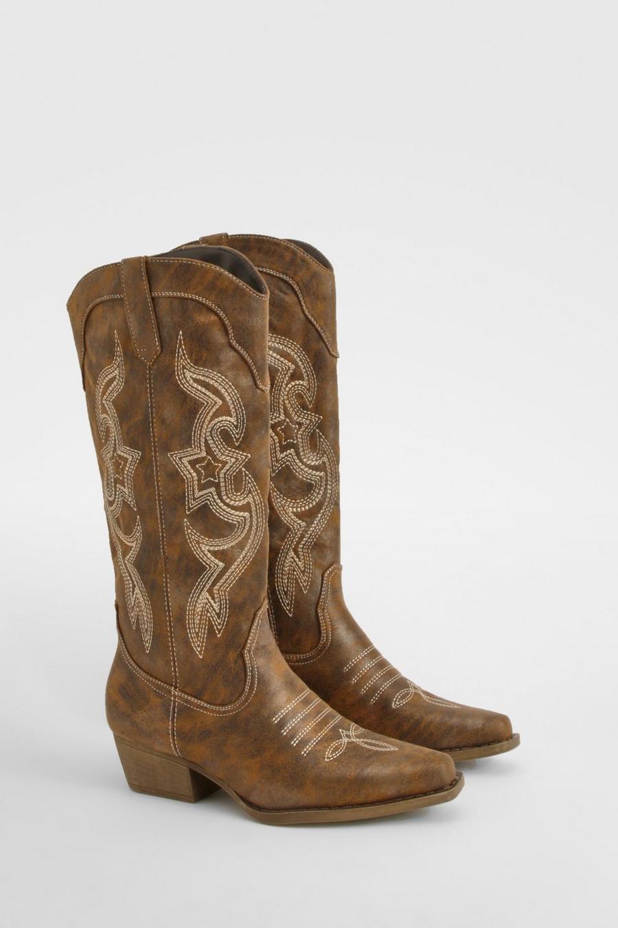 Brown Burnished Pu Cowboy Western Boots image number 1