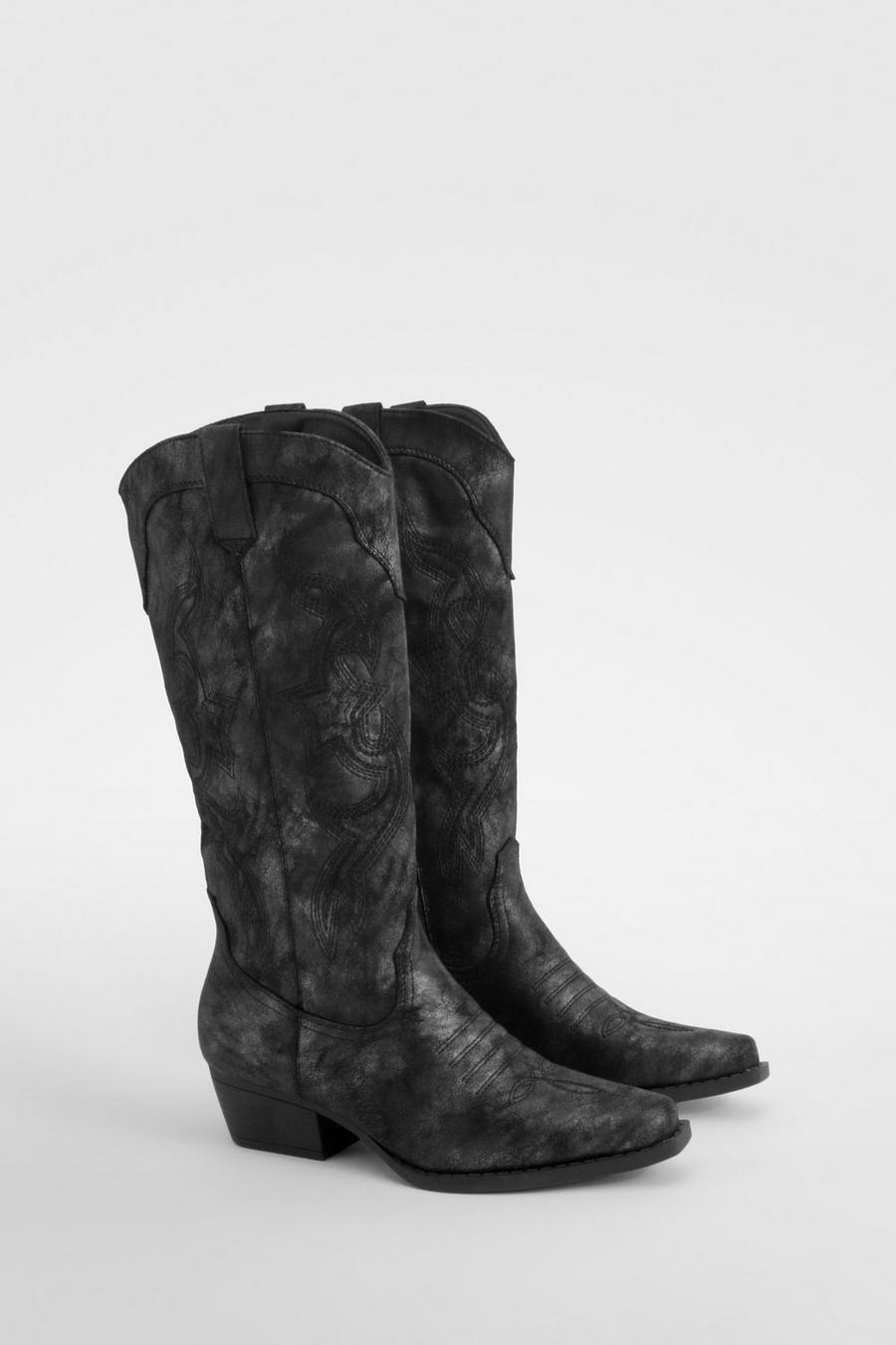 Black Burnished Pu Cowboy Western Boots 