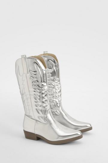 Silver Metallic Embroidered Detail Western Cowboy Boots