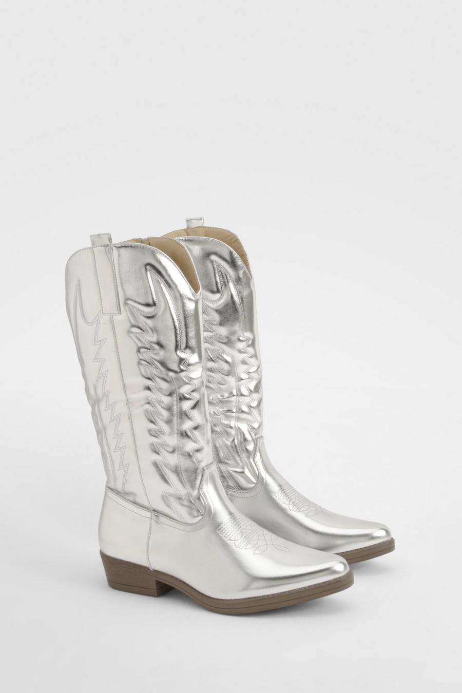 Silver Metallic Embroidered Detail Western Cowboy Boots   