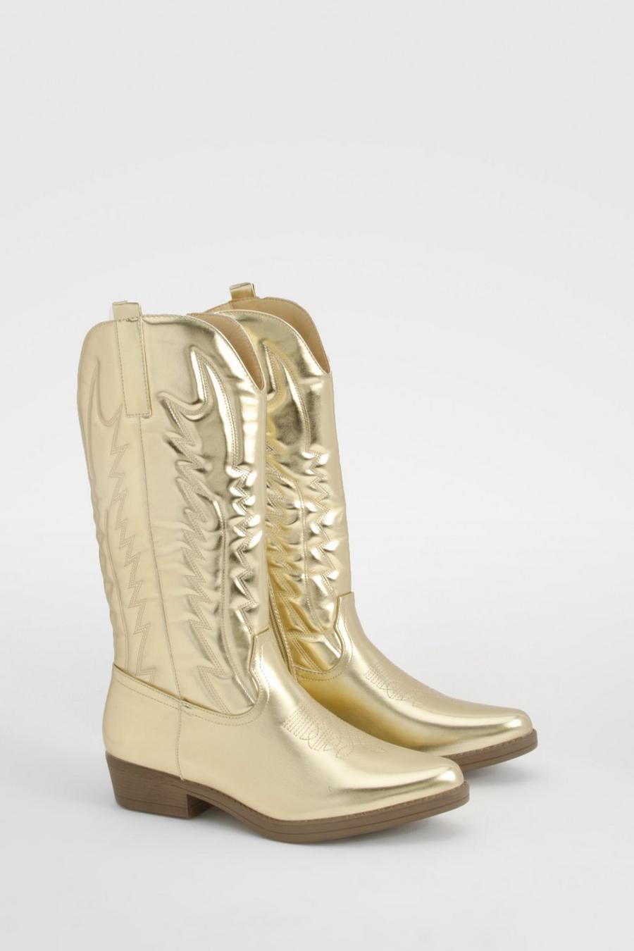 Gold Metallic Embroidered Detail Western Cowboy Boots    