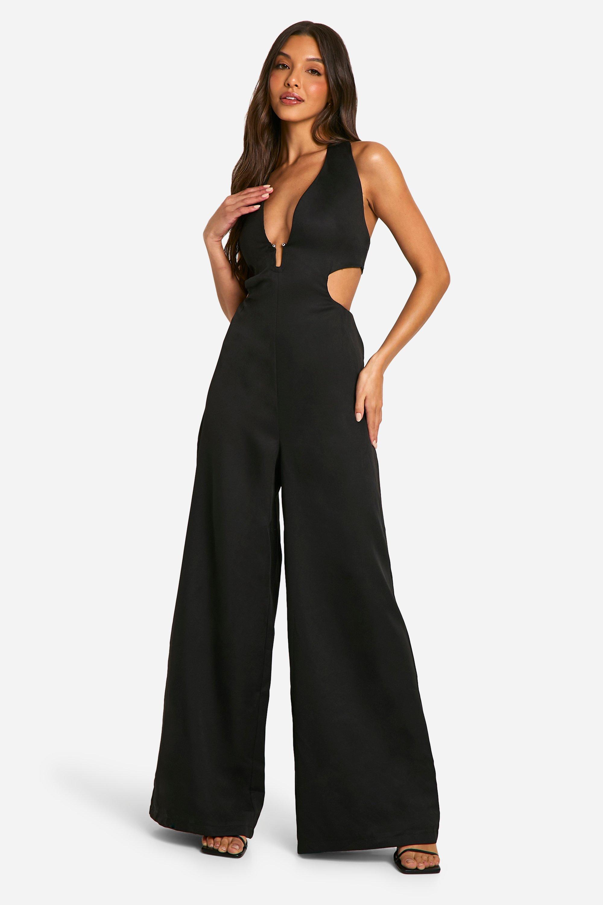 boohoo Cut Out Trim Detail Wide Leg Jumpsuit Black Size 4