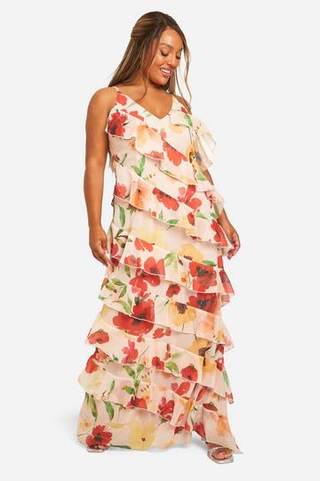 Plus Bloemen Maxi Jurk Met Ruches En Bandjes yellow