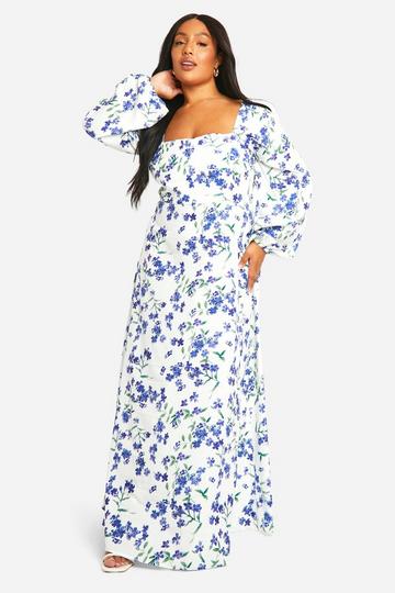 Blue Plus Ditsy Floral Tie Back Detail Maxi Dress