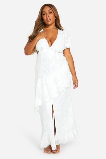 Ivory White Plus Floral Jacquard Ruffle Maxi Dress