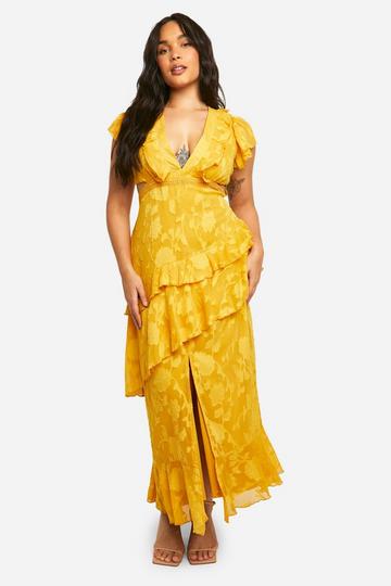 Plus Floral Jacquard Ruffle Maxi Dress yellow