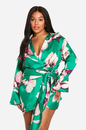 Plus Floral Print Tie Waist Shirt Wrap Dress green