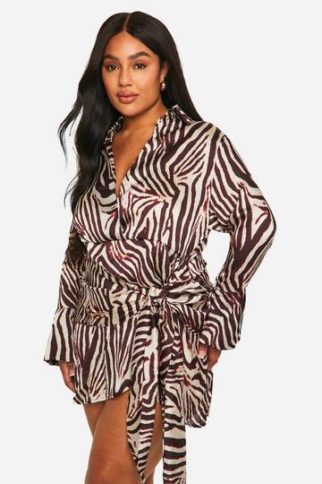 Plus Animal Print Tie Waist Shirt Wrap Dress brown