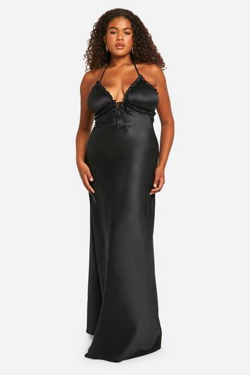 Black Plus Ruffle Satin Maxi Slip Dress