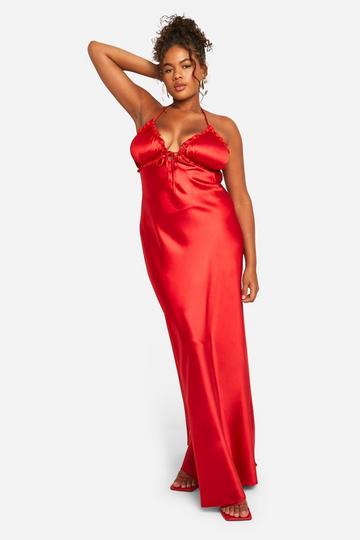 Plus Ruffle Satin Maxi Slip Dress red