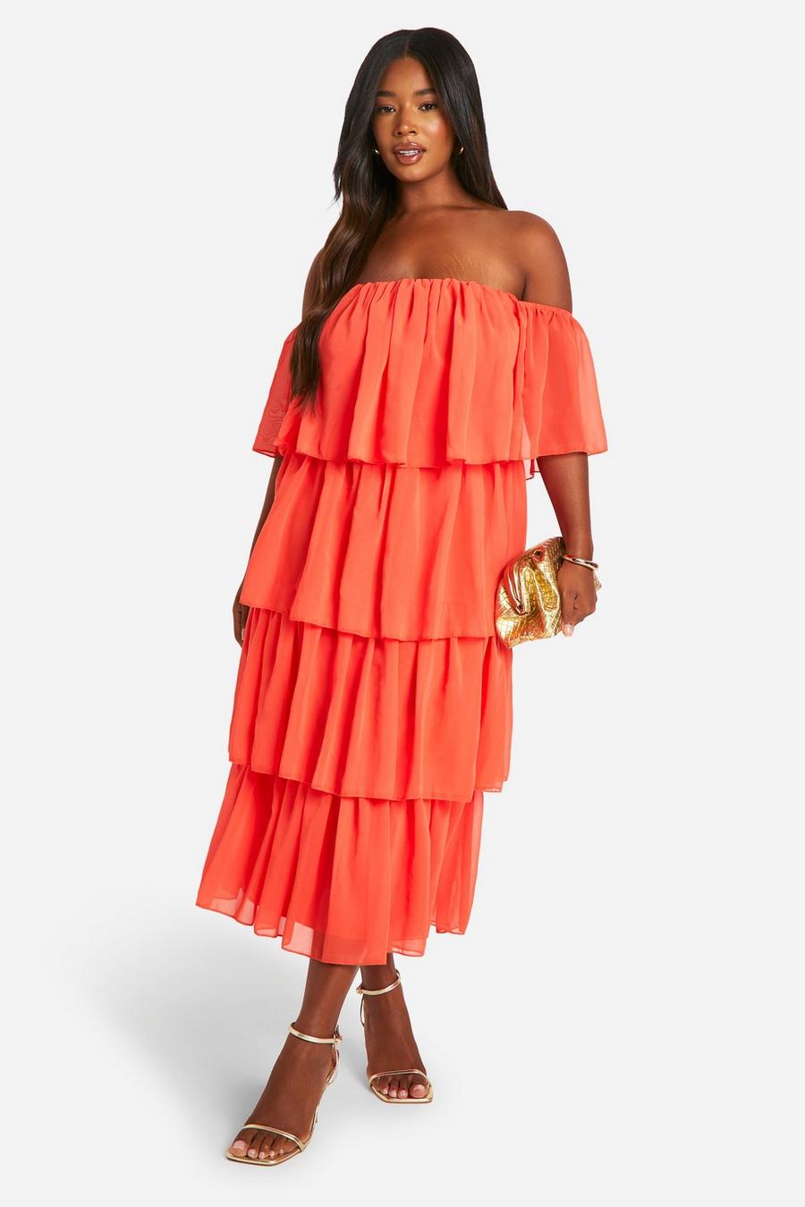 Orange Plus Chiffon Bardot Ruffle Midaxi Dress image number 1