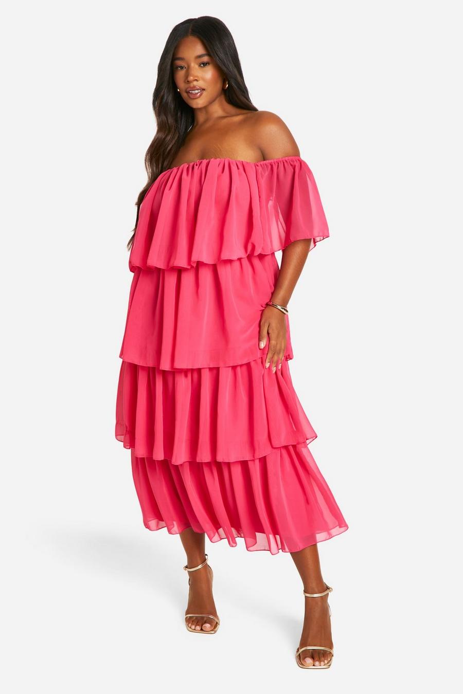 Hot pink Plus Chiffon Off The Shoulder Ruffle Midi Dress image number 1