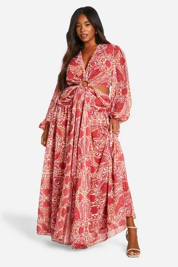 Red Plus Paisley Chiffon Cut Out Maxi Dress