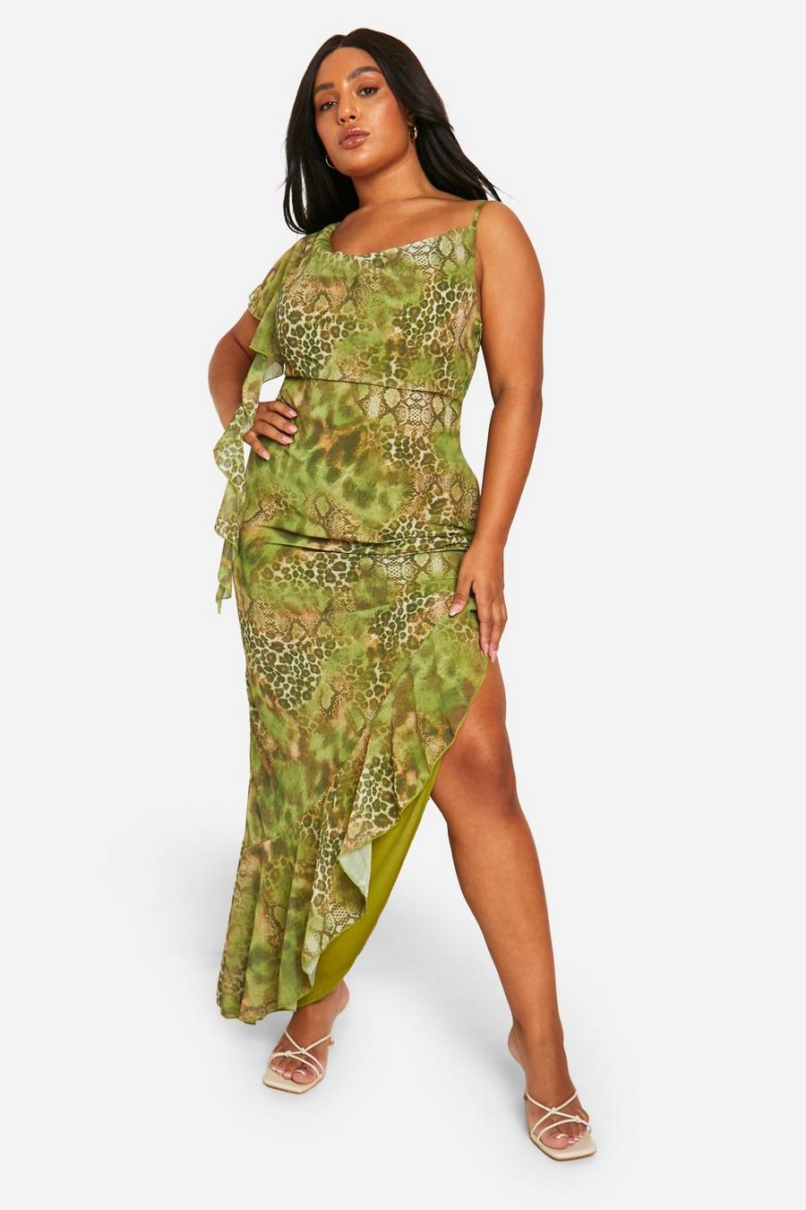 Green Plus Snake Print Ruffle Maxi Dress