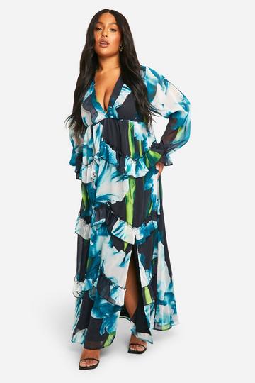 Plus Floral Frill Plunge Ruffle Maxi Dress black