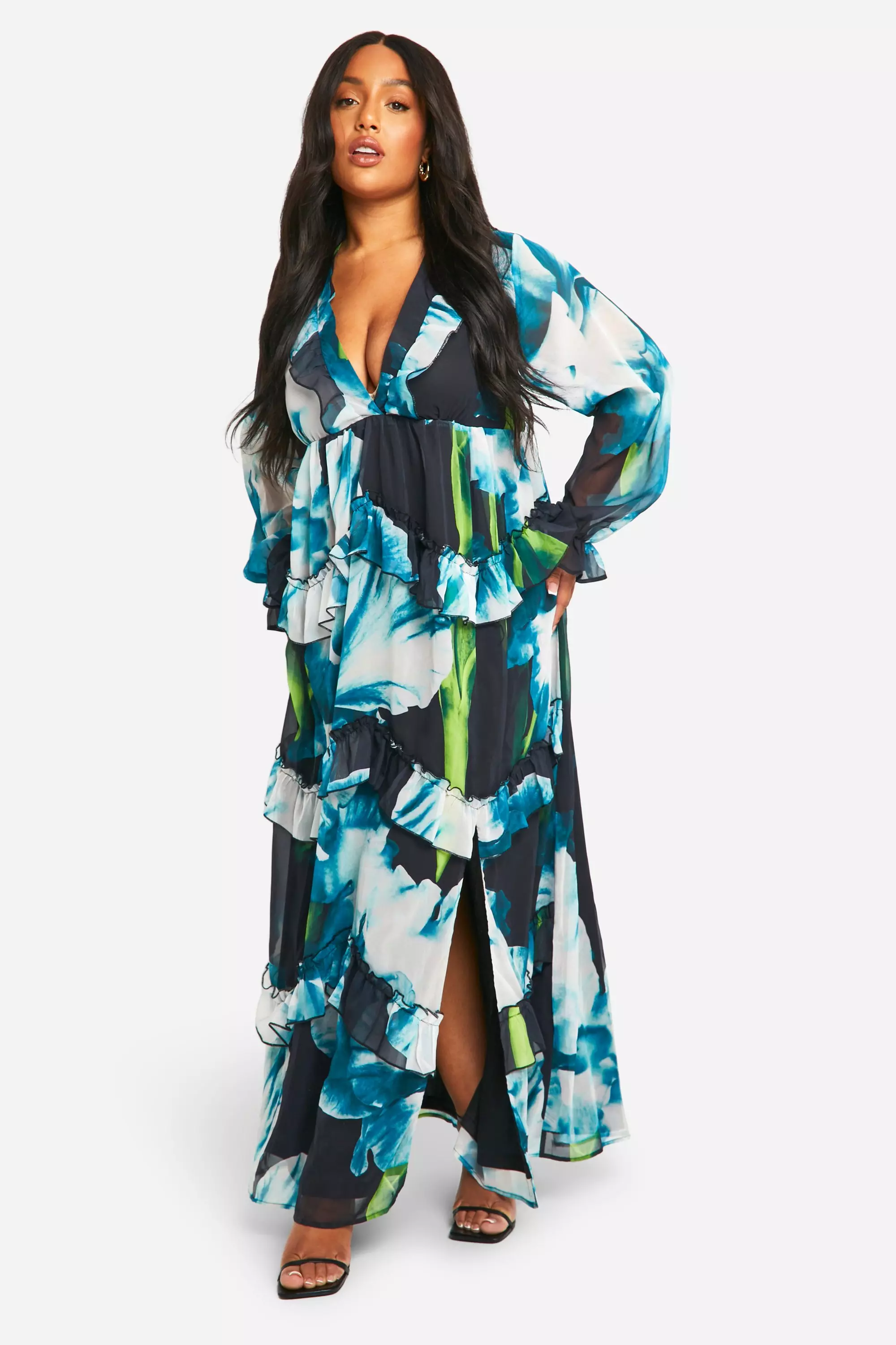 Black Plus Floral Frill Plunge Ruffle Maxi Dress alternative image