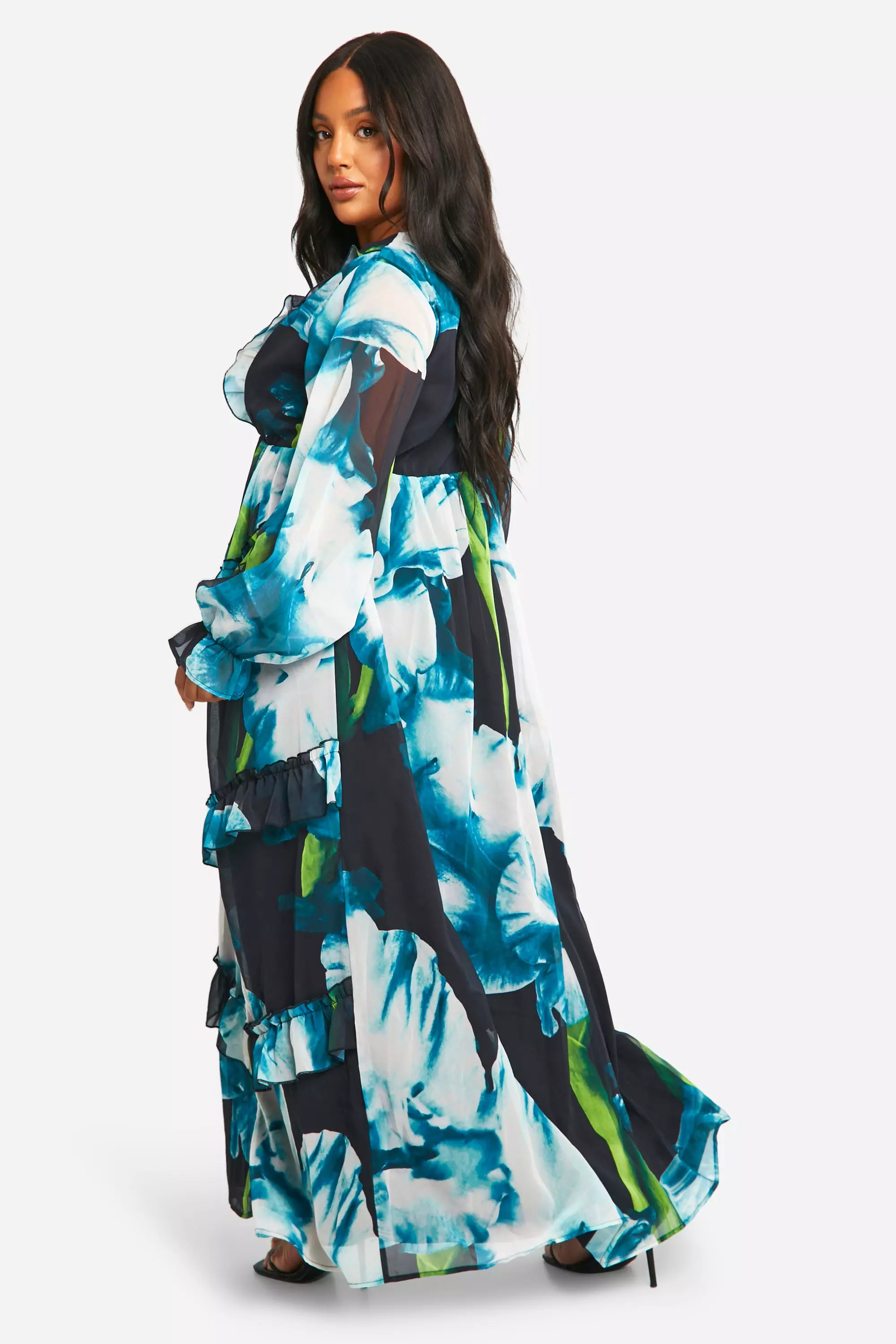 Black Plus Floral Frill Plunge Ruffle Maxi Dress alternative image