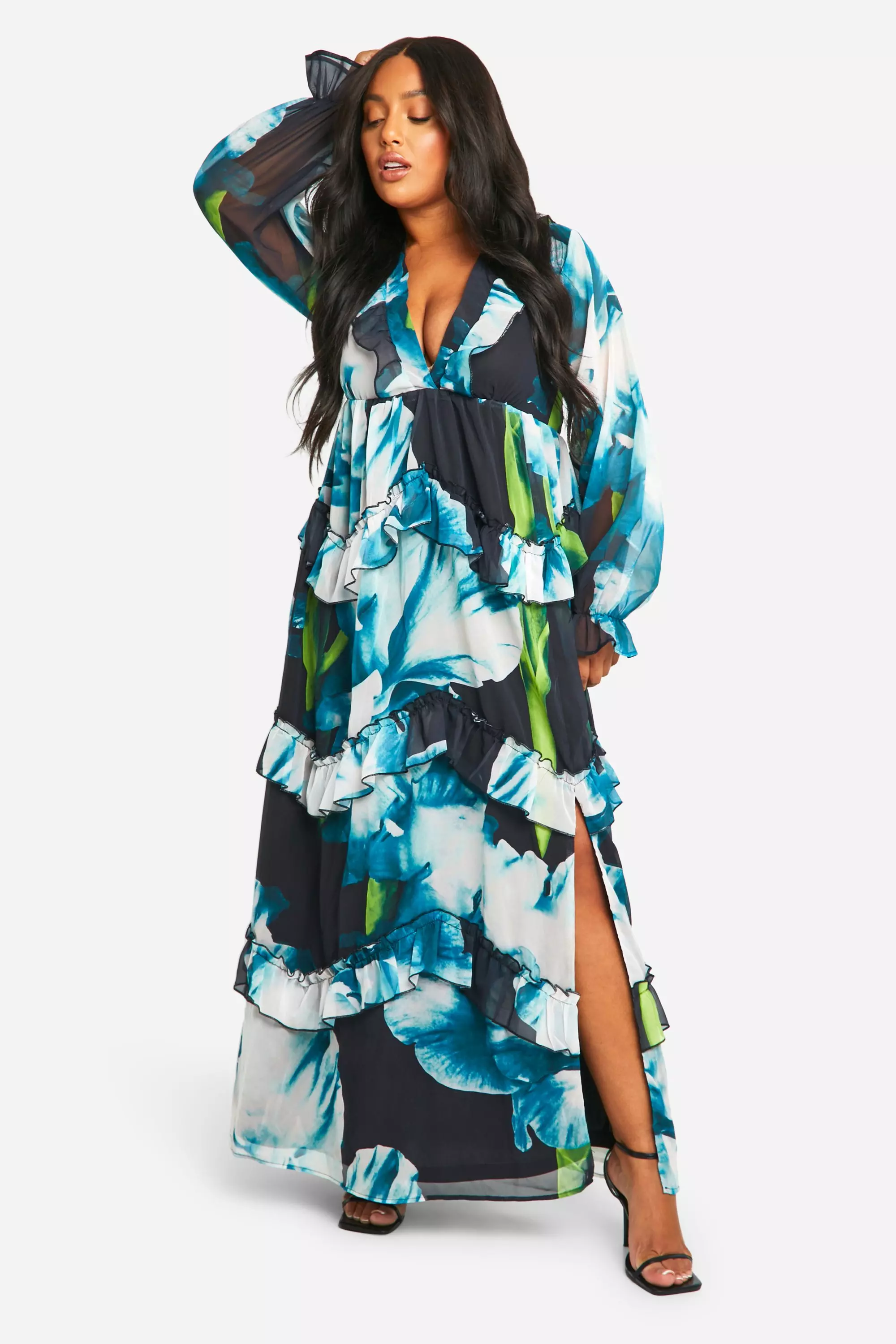 Black Plus Floral Frill Plunge Ruffle Maxi Dress alternative image