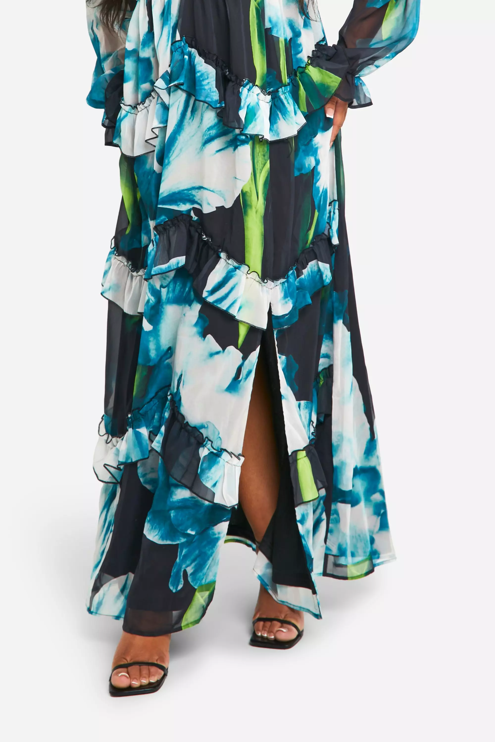 Black Plus Floral Frill Plunge Ruffle Maxi Dress alternative image