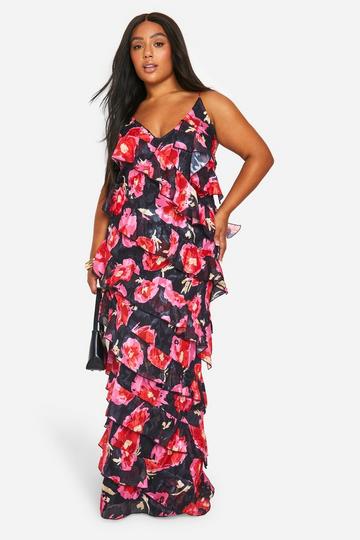 Plus Bloemen Maxi Jurk Met Ruches En Bandjes black