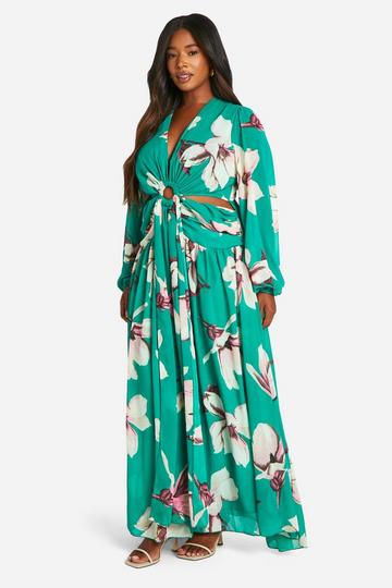 Plus Bloemen Maxi Jurk Met Uitsnijding green