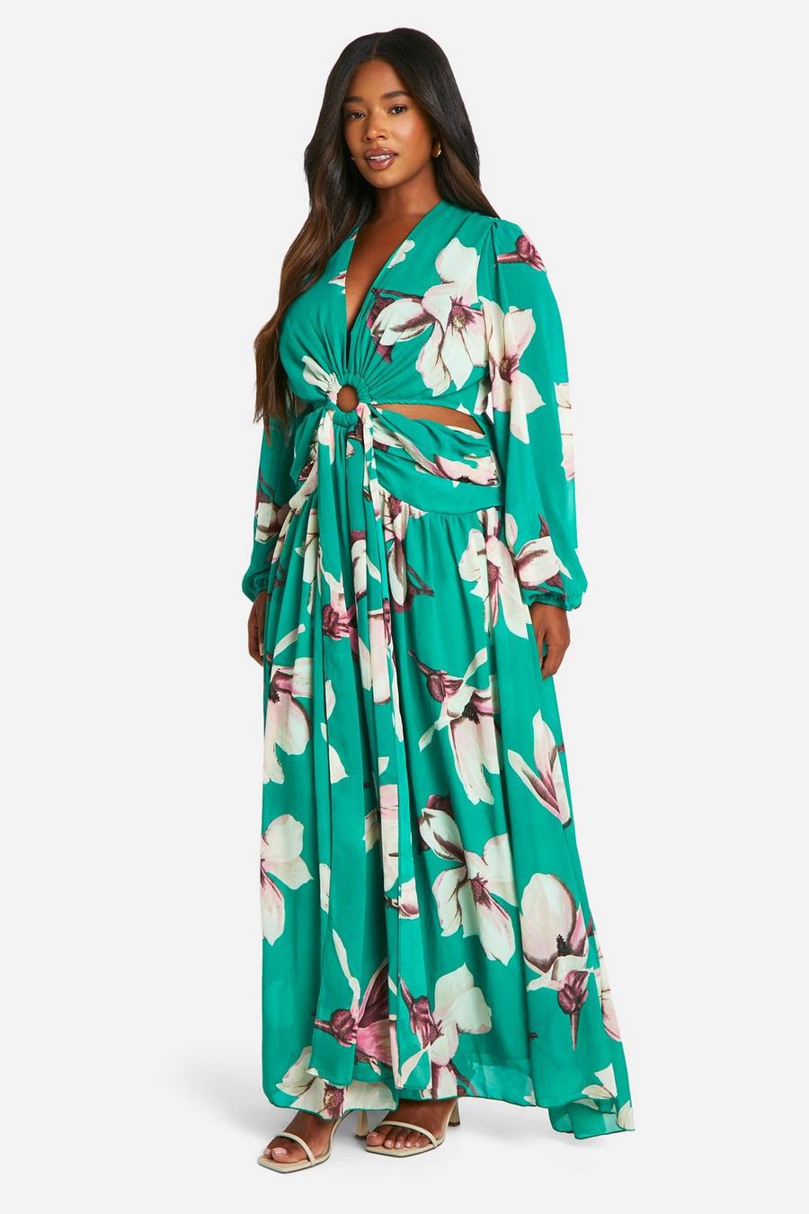 Green Plus Large  Floral Print Cut Out Maxi Dress 