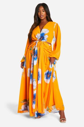 Plus Bloemenprint Maxi Jurk Met Uitsnijding orange