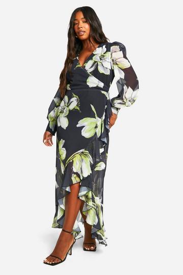 Plus Bloemen Maxi Wikkel Jurk Met Ruches black