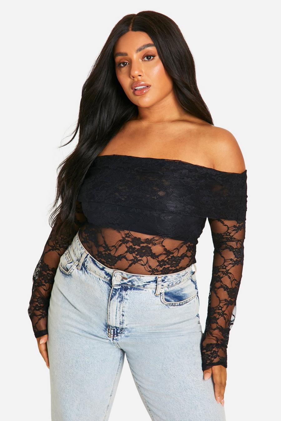 Black Plus Lace Off The Shoulder Overlay Top