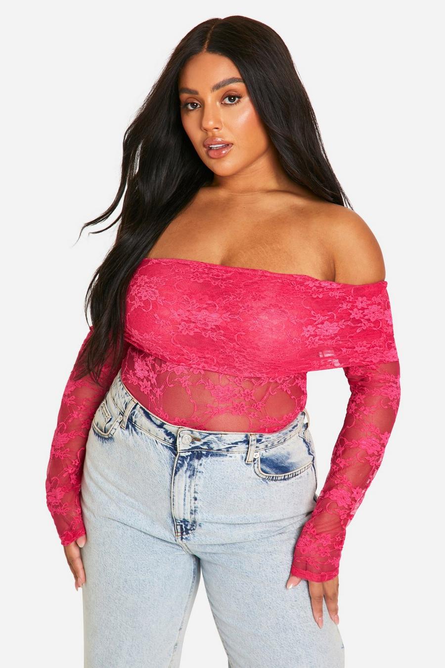 Hot pink Plus Lace Bardot Overlay Top   