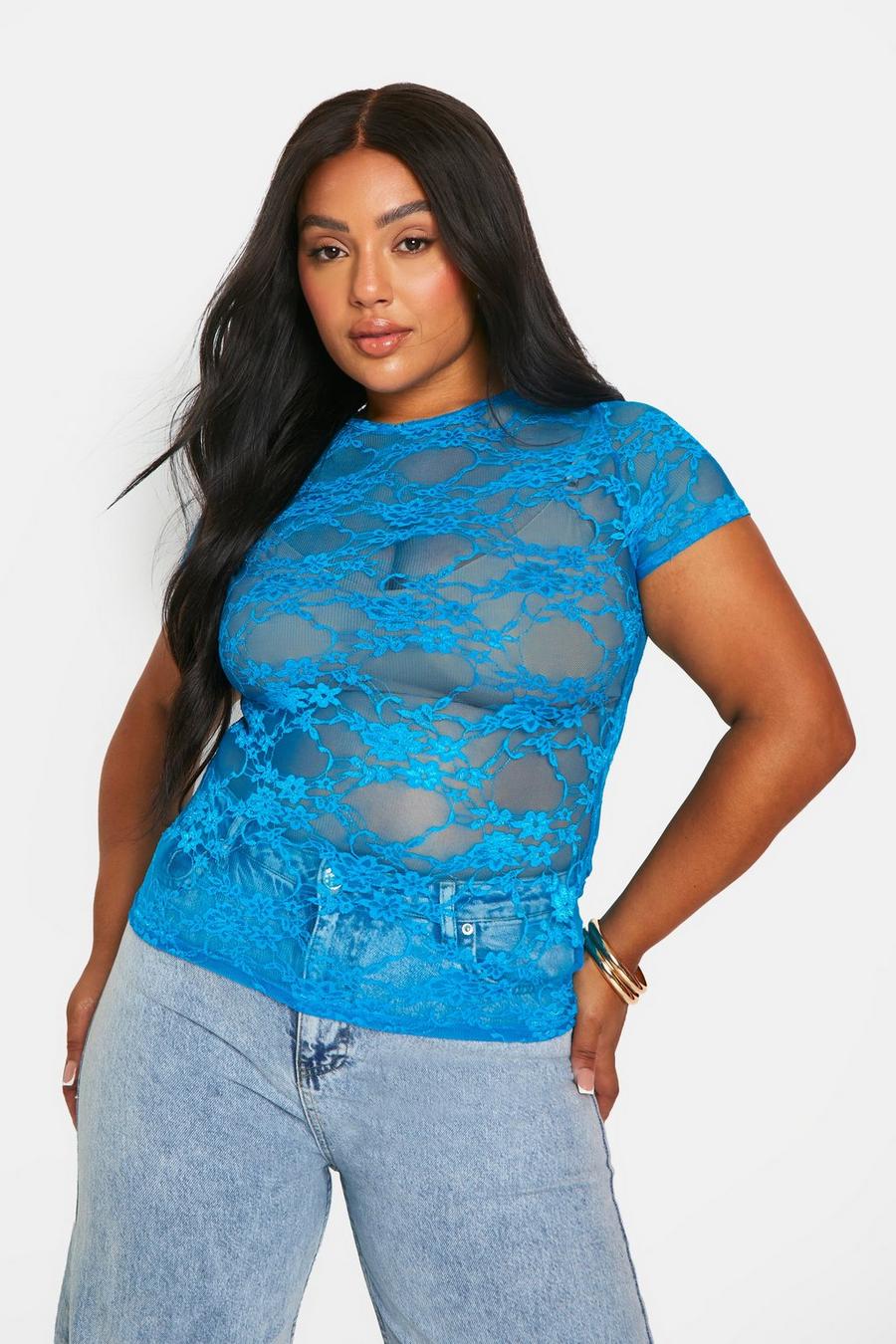 Bright blue Plus Lace Cap Sleeve Fitted T-shirt   image number 1
