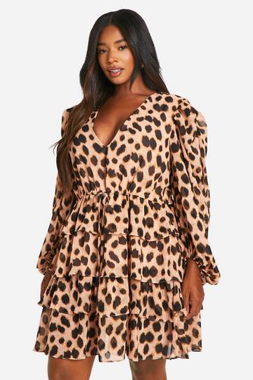 Plus Leopard Chiffon Tiered Frill Skater Dress leopard