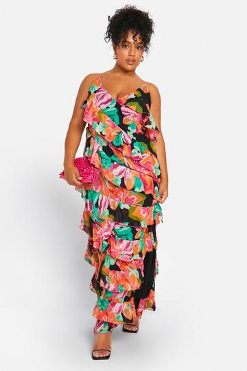 Plus Printed Ruffle Strap Maxi Dress black