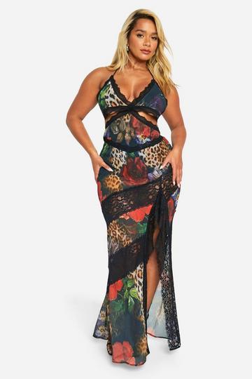 Plus Mixed Print Animal Lace Maxi Dress black