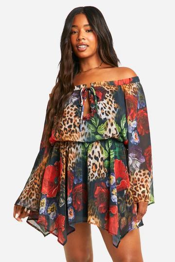 Plus Dierenprint Off Shoulder Skater Jurk Met Print black