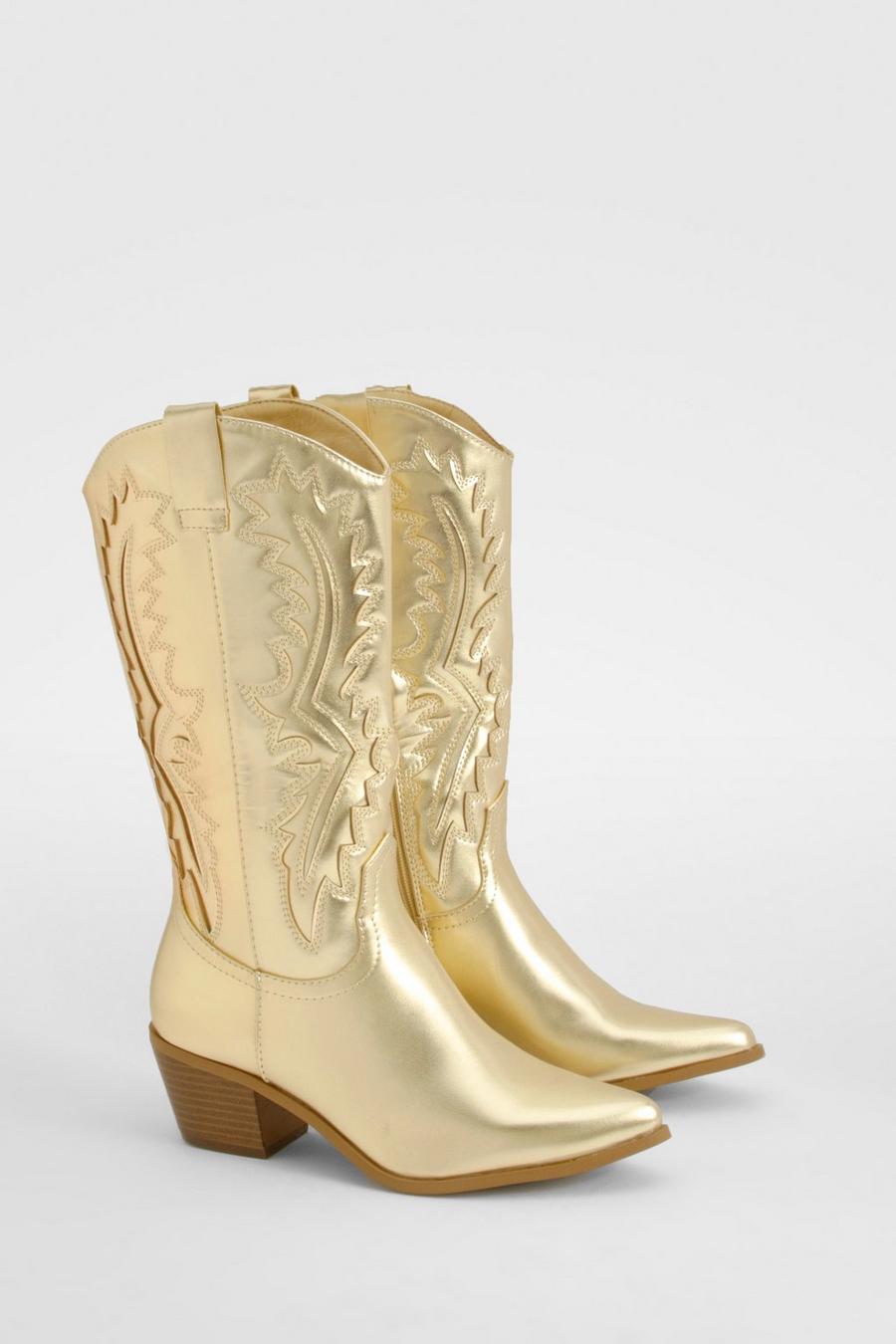 Gold Metallic Embroidered Western Cowboy Boots      