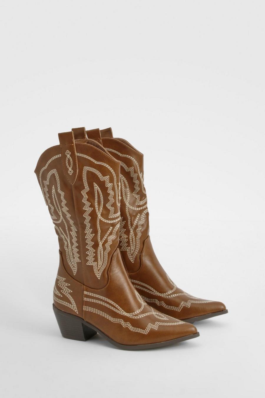 Camel Contrast Stitching Western Cowboy Boots   