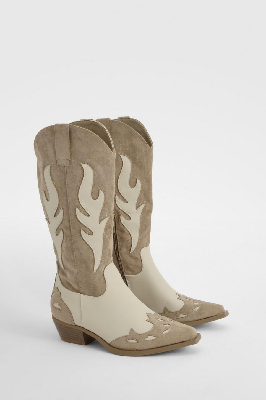Taupe Contrast Panel Western Cowboy Boots  