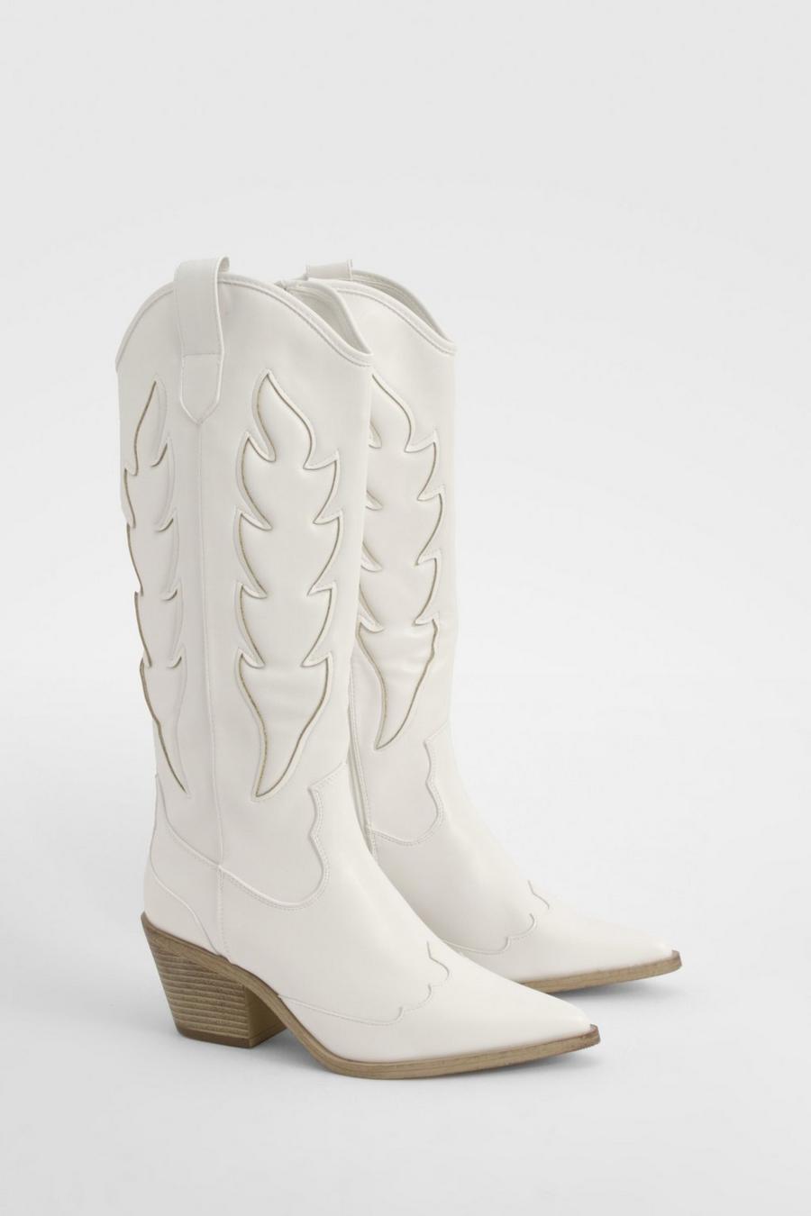 White Embroidered Detail Western Cowboy Boots image number 1