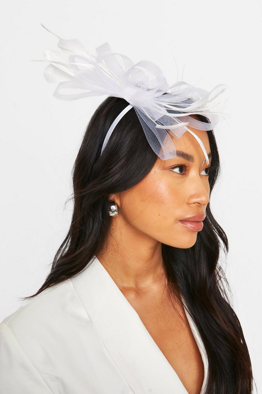 White Mesh Bow & Feather Fascinator Headband  image number 1