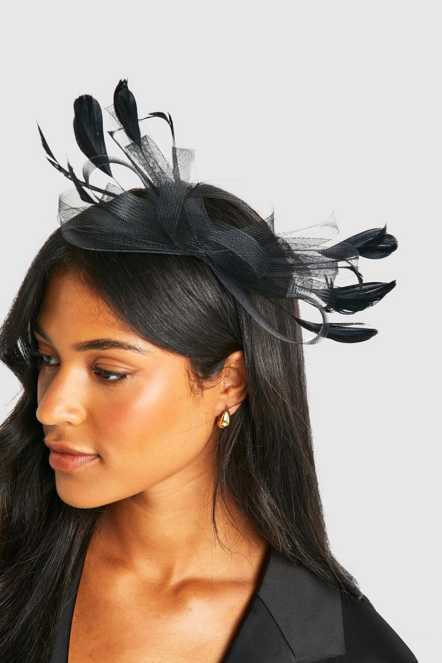 Black Mesh Bow & Feather Fascinator Headband   image number 1