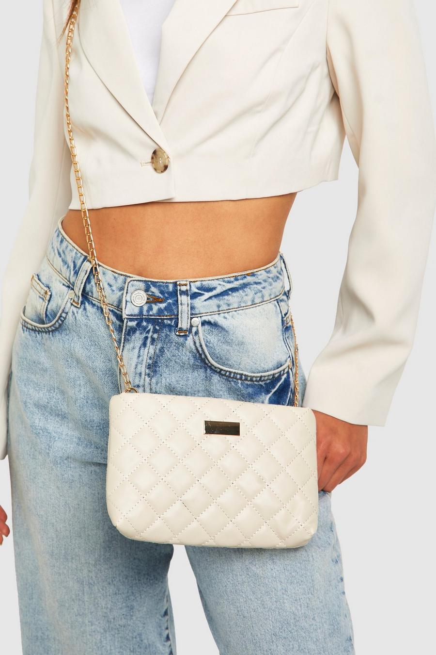 Cream Quilted Basic Cross Body Bag 