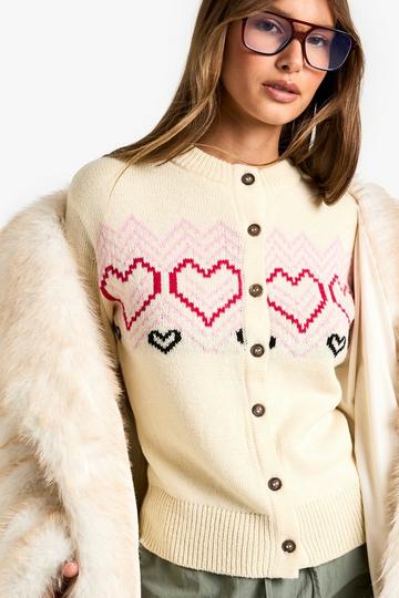 Heart Fairisle Christmas Button Cardigan cream