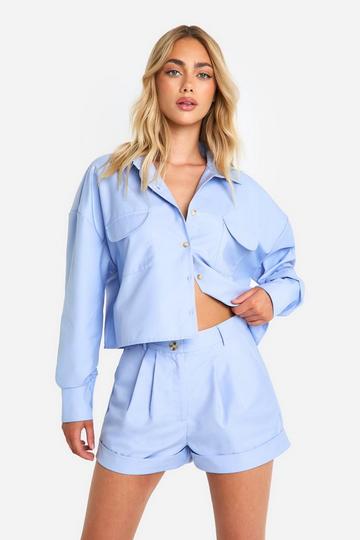 Blue Pleat Detail Turn Hem Tailored Shorts