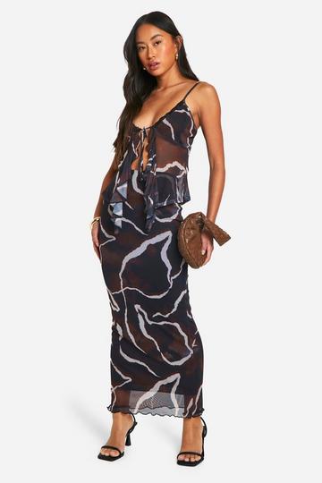 Black Printed Mesh Maxi Skirt