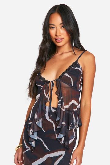 Black Tie Ruffle Printed Ruffle Cami Top